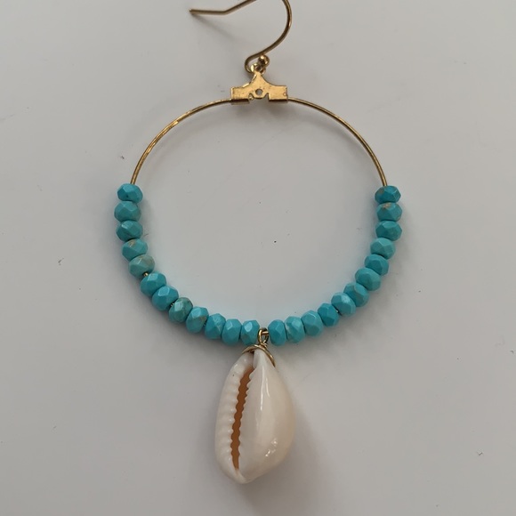 Gold, Turquoise and Shell Hoop Earrings - Picture 3 of 4